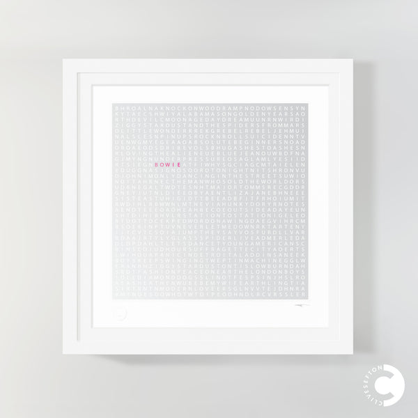 'Bowie' limited edition word search print by Clive Sefton - framed